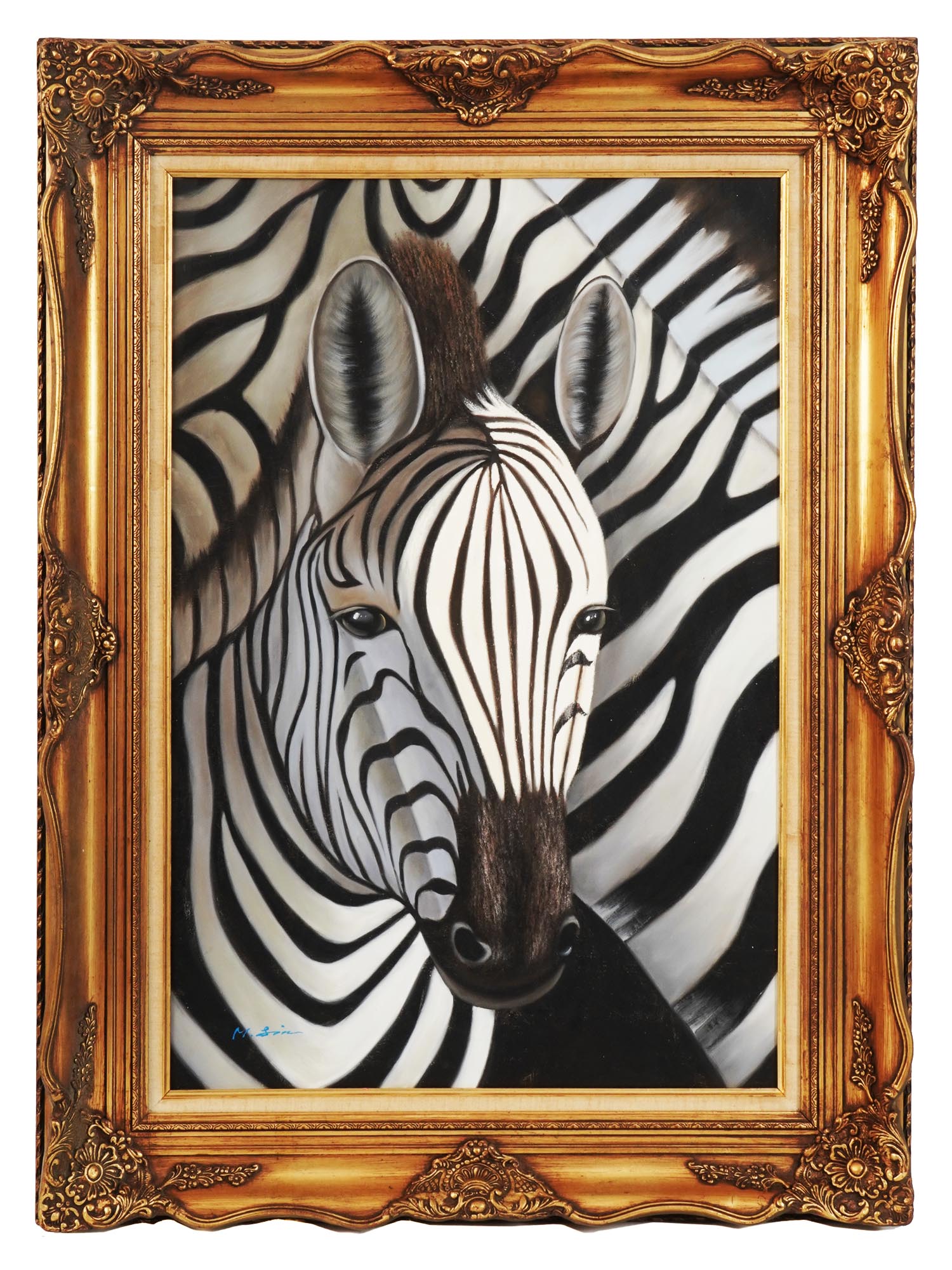 FRAMED OIL ON CANVAS PAINTING OF A ZEBRA BY M SIN PIC-0